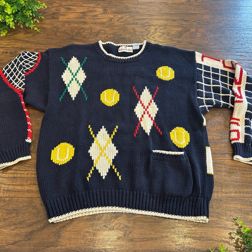VINTAGE STUNNING Womenโs Redwood & Ross Knit Tennis Sweater Size Medium HTF - Picture 2 of 9